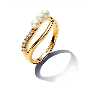Anillo Perla Cultivada de Agua Dulce y Doble Banda Forma Orgánica