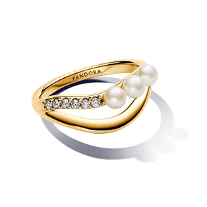 Anillo Perla Cultivada de Agua Dulce y Doble Banda Forma Orgánica