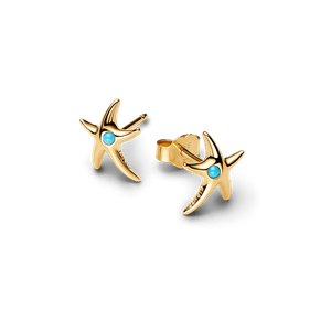 Aretes de Botón Estrella de mar con recubrimiento en oro de 14k con cristal azul Capri