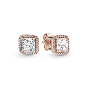 Aretes de Botón Cuadrados con Halo Brillante Recubrimiento en Oro Rosa