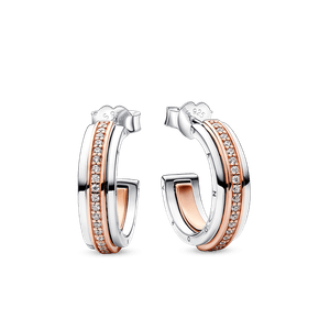 Pendientes de Aro Logo y Pavé en Dos Tonos Pandora Signature Recubrimiento en Oro Rosa de 14k