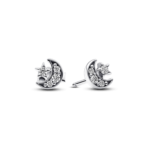 Aretes de Botón Luna y Estrella Brillantes